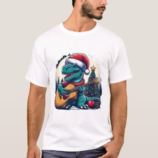 Camiseta Jogador de Violão Dinossauro Xmas Dia engraçado