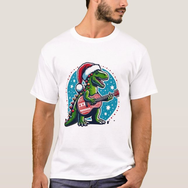 Camiseta Jogador de Violão Dinossauro Xmas Dia engraçado (Frente)