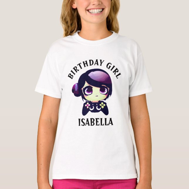 Camiseta Jogadora de animação personalizada de aniversários (Frente)