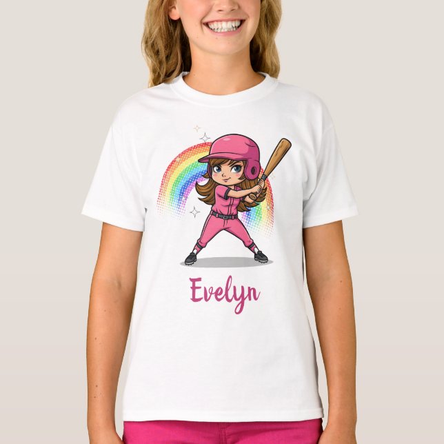 Camiseta Jogadora de beisebol da Garota de Cartoon em Rosa (Frente)