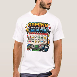 Camiseta Jogando ao Longo do Ano Escolar Retro Pixel Gamer