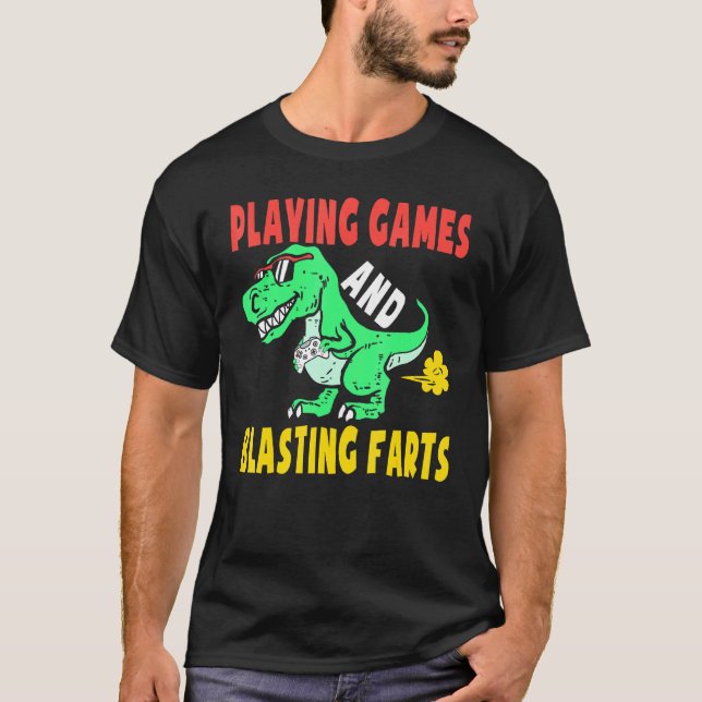 Camiseta Jogando Jogos E Fazendo Explosão T rex Gamer Boy K (Frente)