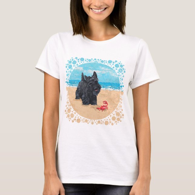 Camiseta Jogando Scottish Terrier na praia (Frente)