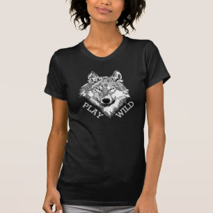 Camiseta Jogar Cabeça de Lobo Cinza Selvagem Hipster