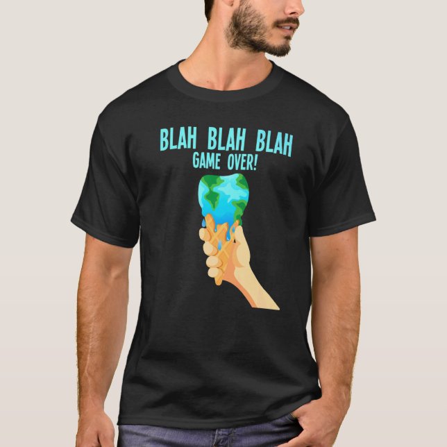 Camiseta Jogo Blah Sobre Fusão do Sorvete da Terra Global (Frente)