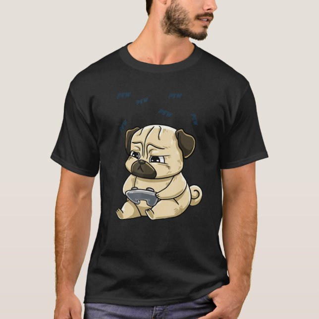 Camiseta Jogo de Jogo Pug Pew Gamepad Cachorro Cachorro Cac (Frente)
