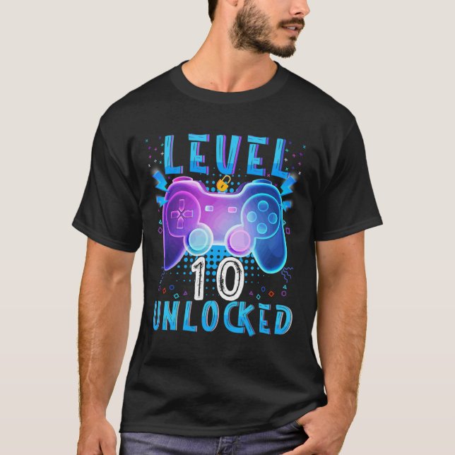 Camiseta Jogo de Vídeo Desbloqueado do Nível 10 10º Anivers (Frente)