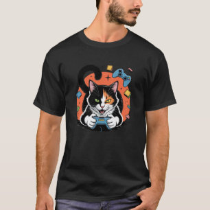 Camiseta Jogo de Vídeo Desenhado à Mão Gato Calico Artístic