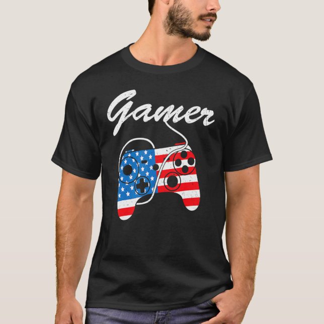 Camiseta Jogo De Vídeo Patriótico Gamer American 4 De Julho (Frente)