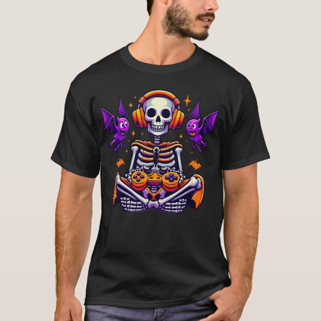 Camiseta Jogos de vídeo para gamer de skeleton do Halloween (Frente)