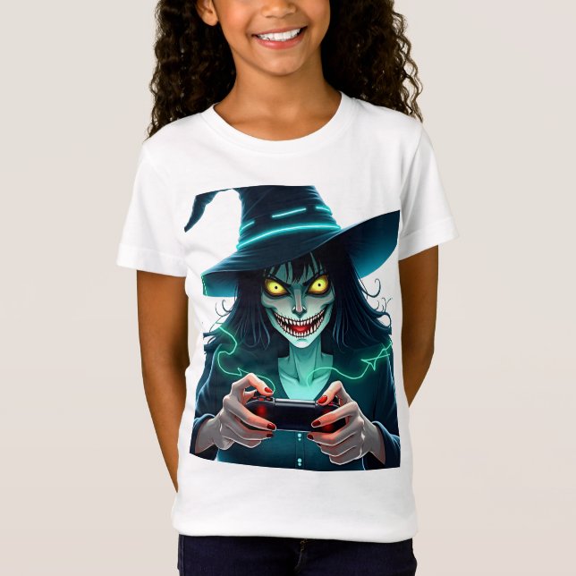 Camiseta Jogos do Halloween PlayStation - Spooky PS5 Witch  (Frente)