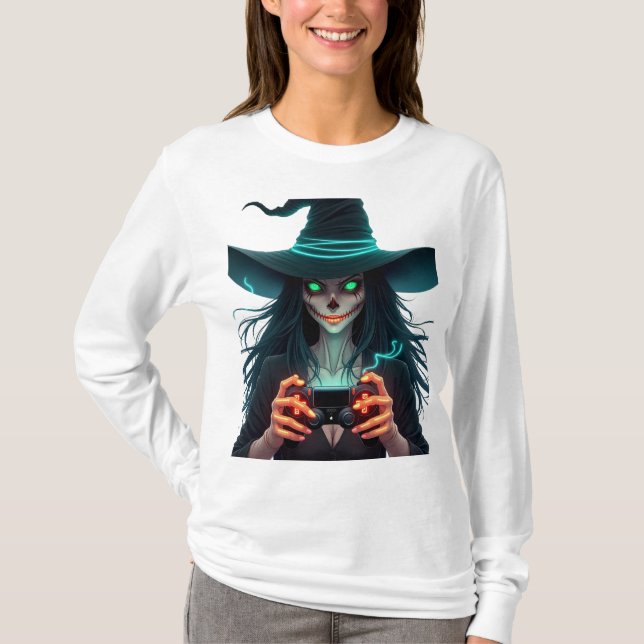 Camiseta Jogos do Halloween PlayStation - Spooky PS5 Witch  (Frente)