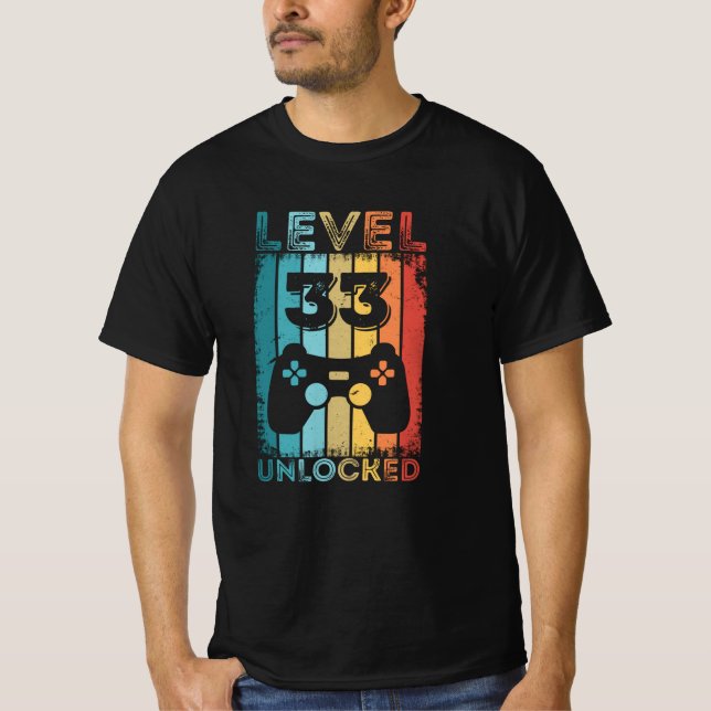 Camiseta Jogos Nível 33 Desbloqueados 33º Aniversário Gamer (Frente)