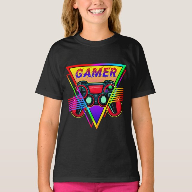 Camiseta Jogos Retrorativos do Arco-Íris Gamer para Computa (Frente)