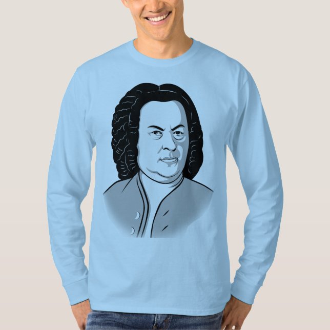 Camiseta Johann Sebastian Bach Cartoon Weiß em schwarz, Est (Frente)