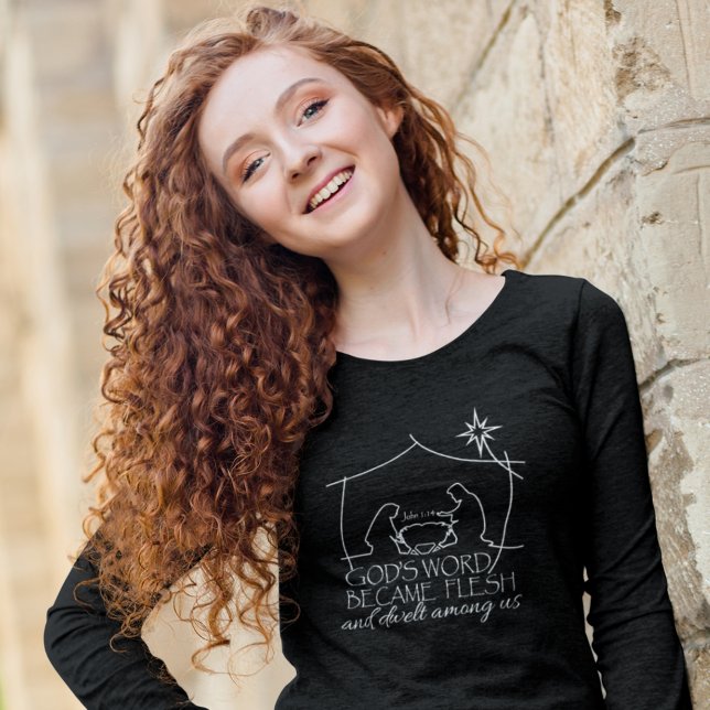 Camiseta John 1:14 Escritura Cristã de Natividade Longa Fol (Criador carregado)