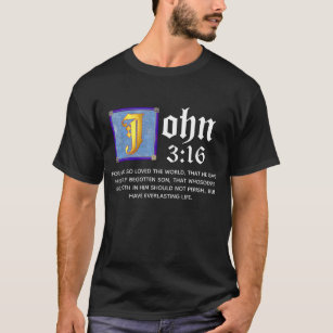 Camiseta John 3:16 Citação Azul-Dourada Iluminada-Letra-Bíb