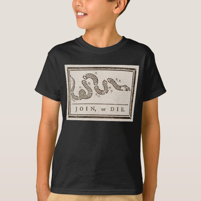 Camiseta Join ou Die Rattlesnake: Cartoon Benjamin Franklin (Frente)