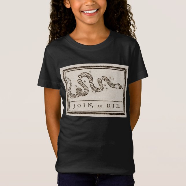 Camiseta Join ou Die Rattlesnake: Cartoon Benjamin Franklin (Frente)