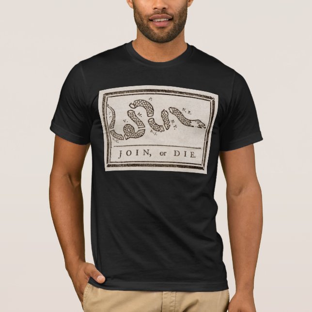 Camiseta Join ou Die Rattlesnake: Cartoon Benjamin Franklin (Frente)