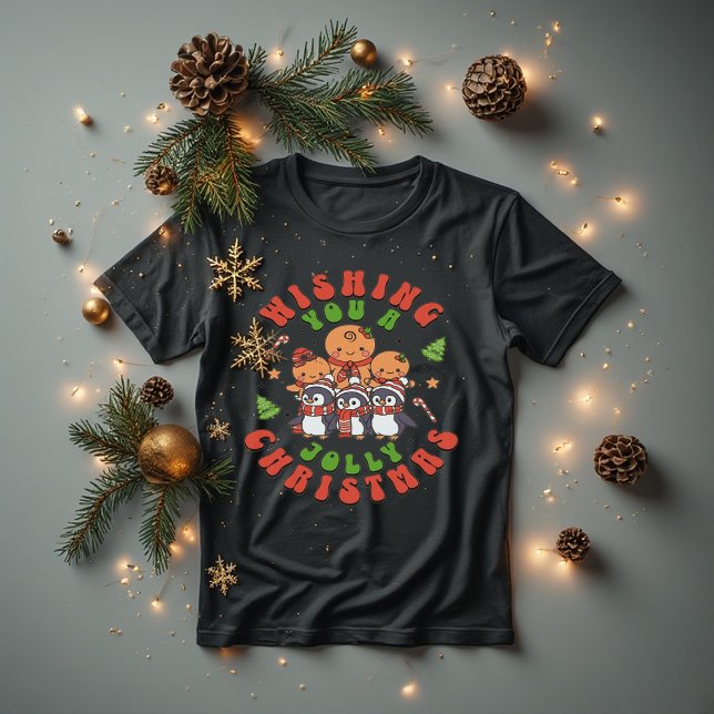 Camiseta Jolly Christmas Cute Gingerbread & Penguin (Criador carregado)