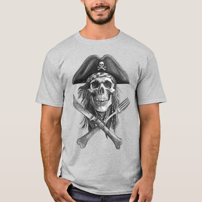Camiseta Jolly Roger Pirate Skull com Faca e Fork (Frente)