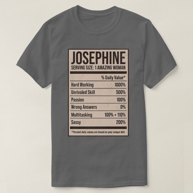 Camiseta Josephine Nutrition Facts Name Apelido Alias Titl (Frente do Design)