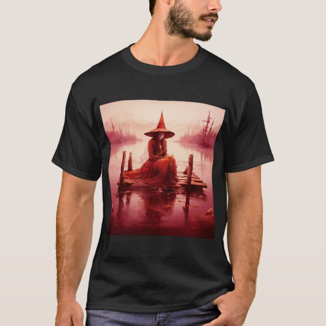 Camiseta Jovem Bruxa Vermelha Senta-Se No Cais Quebrado (Frente)