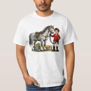 Camiseta Jovem Cavaleiro Fofo com Arte de Cavalo Cinza Manc