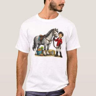 Camiseta Jovem Cavaleiro Fofo com Arte de Cavalo Cinza Manc