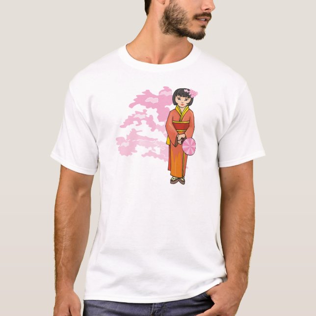 Camiseta Jovem Japonesa Com Blossomas De Cereja (Frente)