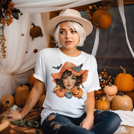 Camiseta Jovem Mulher com Morcegos e Abóboras