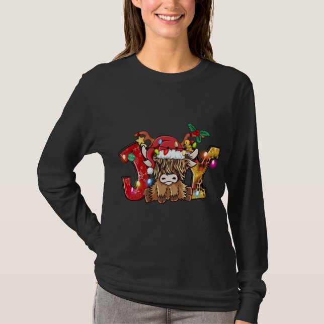 Camiseta Joy Christmas Highland Cow Farming Papais noeis Ha (Frente)
