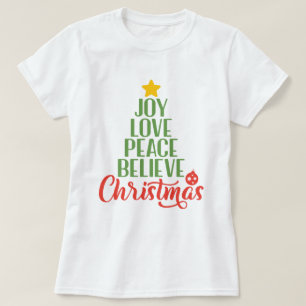 Camiseta Joy, Love, Peace Acredite em T-Shirt de Natal