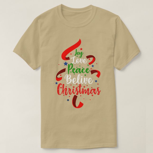Camiseta Joy Love Peace Acredite na árvore de Natal (Frente do Design)