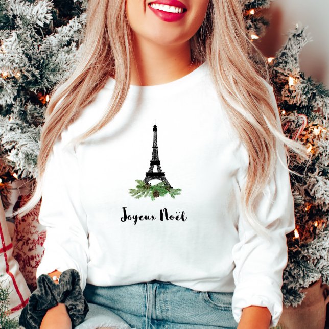 Camiseta Joyeux Noel Natal francês com Torre Eiffel (A stylish Christmas shirt in French with the Eiffel Tower decorated with greenery)