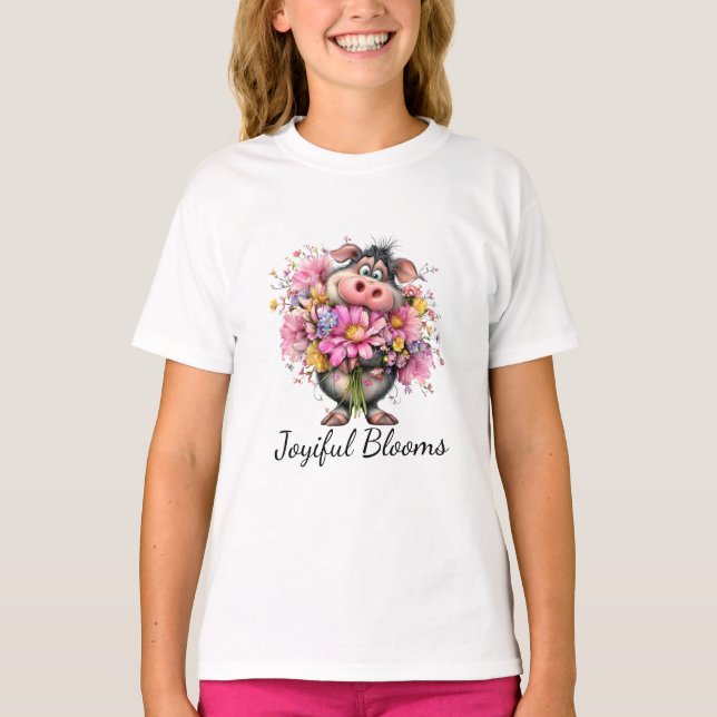 Camiseta Joyiful Blooms Kids Pig Floral T-Shirt (Frente)