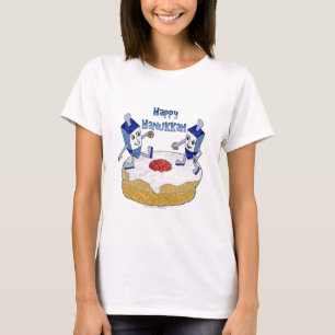 Camiseta Judaica Feliz Hanukkah Dreidels Dançantes Donut