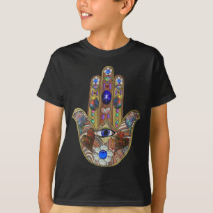 Camiseta Judaica Hamsa Hearts Flowers Opal Art Impressão