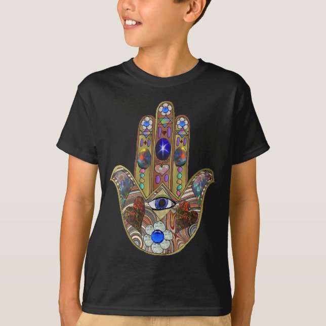 Camiseta Judaica Hamsa Hearts Flowers Opal Art Impressão (Frente)
