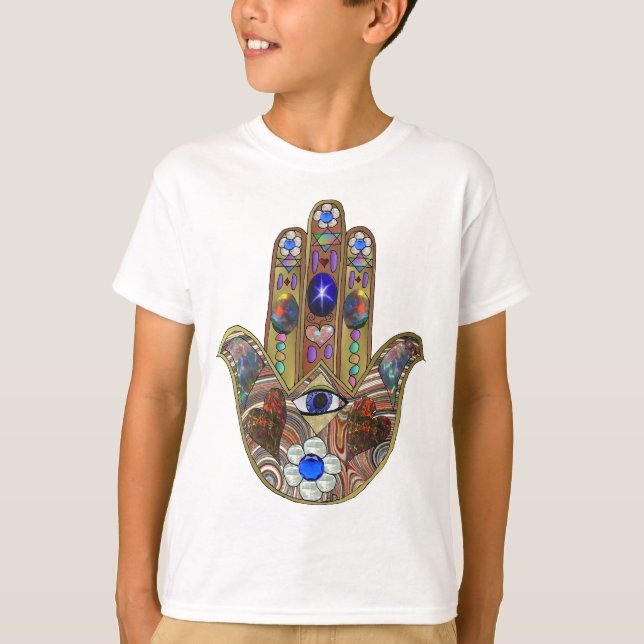 Camiseta Judaica Hamsa Hearts Flowers Opal Art Impressão (Frente)