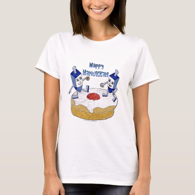 Camiseta Judaica Happy Hanukkah Dançando Dreidels Doughnut (Frente)