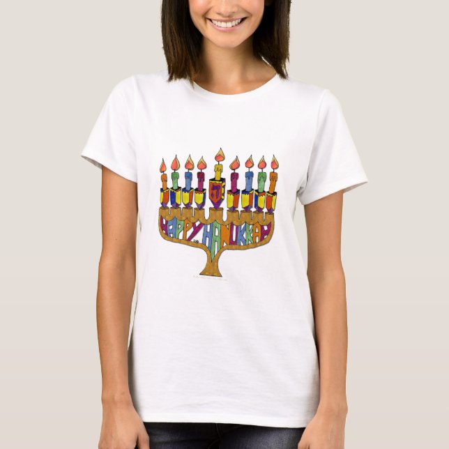 Camiseta Judaica Happy Hanukkah Dreidel Menorah (Frente)