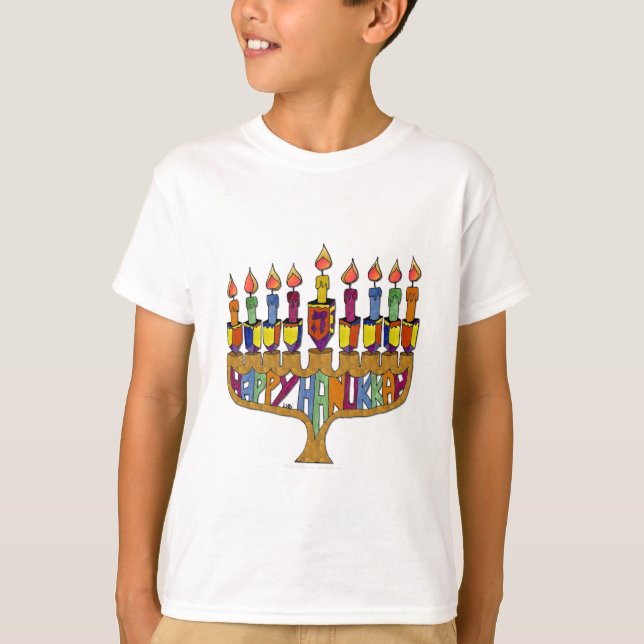 Camiseta Judaica Happy Hanukkah Dreidel Menorah (Frente)