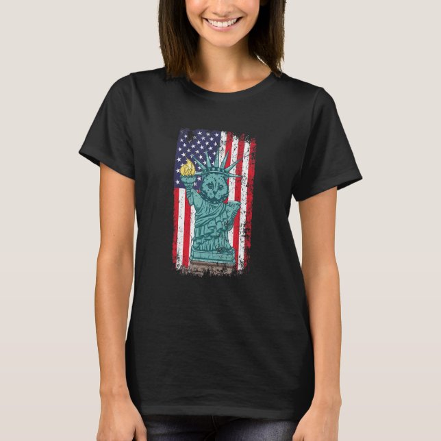 Camiseta Julho 4 Estátua Gata Da Liberty American Flag Meow (Frente)
