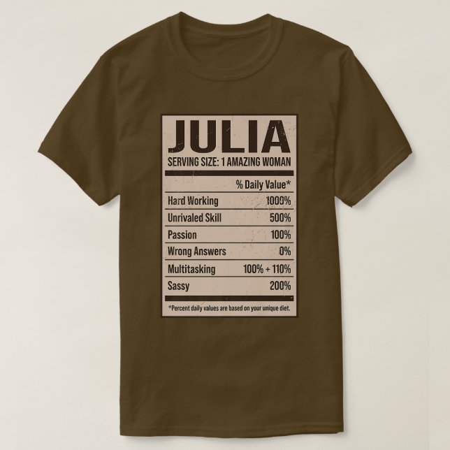 Camiseta Julia Nutrition Facts Name Alias Title Do Apelido (Frente do Design)