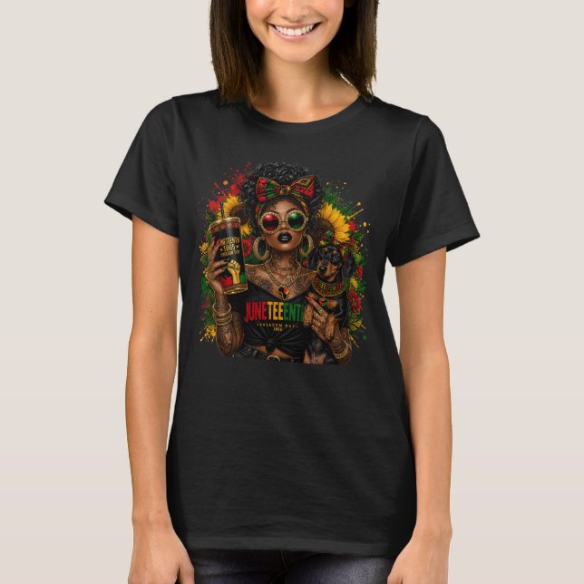 Camiseta Juneteenth Mulheres Negras E cachorro salsicha Dac (Frente)
