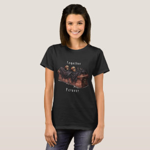 Camiseta Juntos Para Sempre Caveiras e Caixão Preto Hallowe