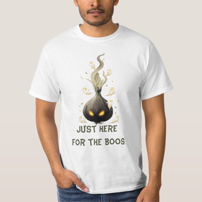 Camiseta Just Here for the Boos. Haunted Black Onion (Frente)