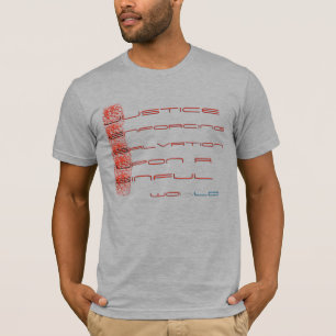 Camiseta Justiça que reforça o salvação em cima de um m